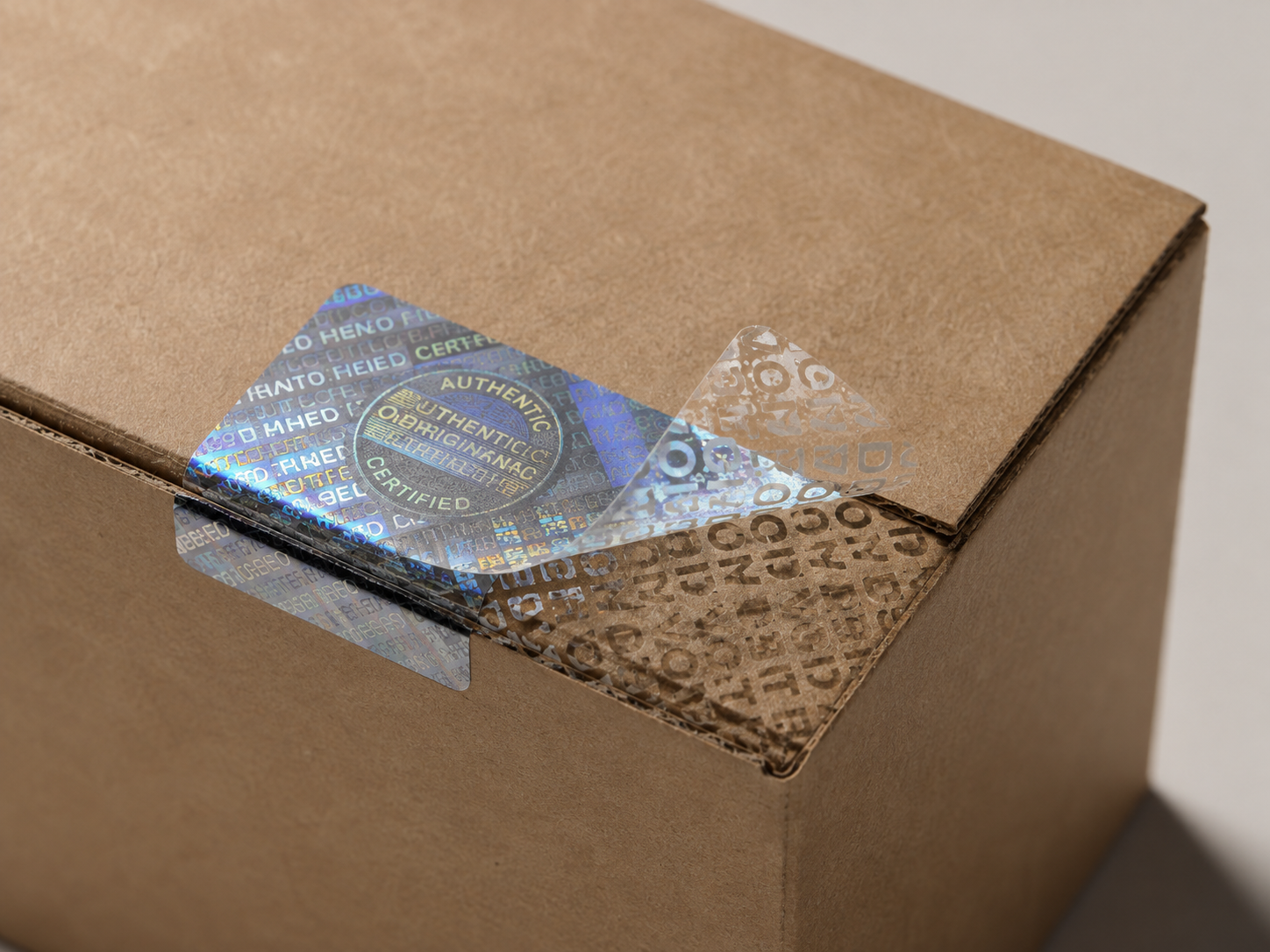 Sello holográfico VOID de seguridad sobre una caja kraft