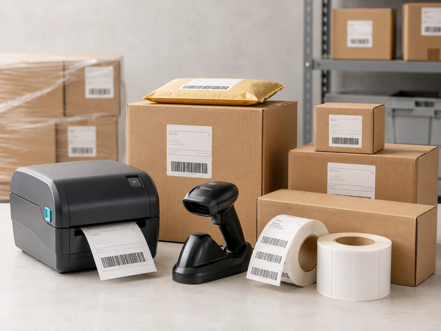 Cajas con etiquetas de envío en operación logística y almacén