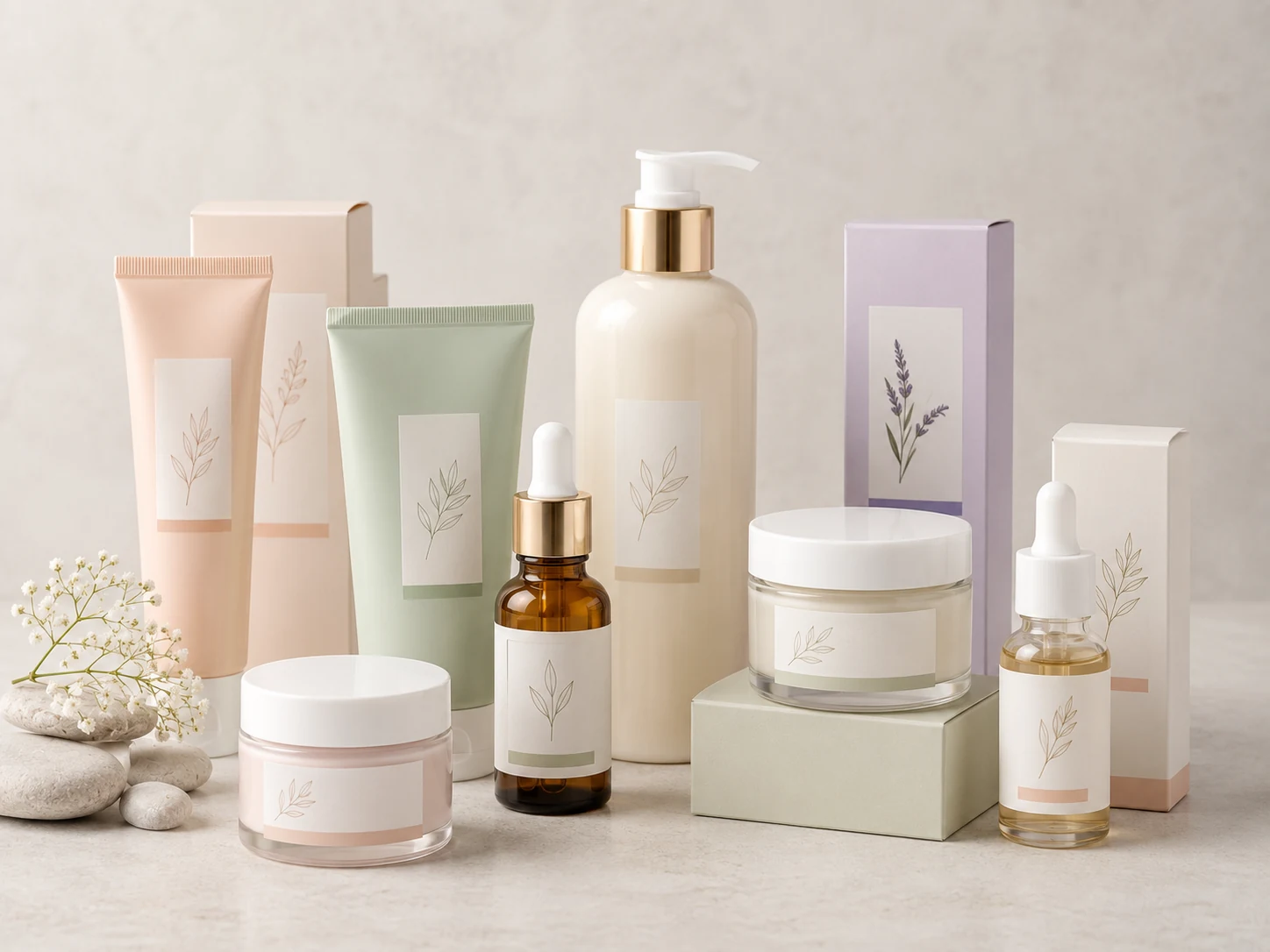 Envases de cosmética y cuidado personal con etiquetas resistentes a humedad