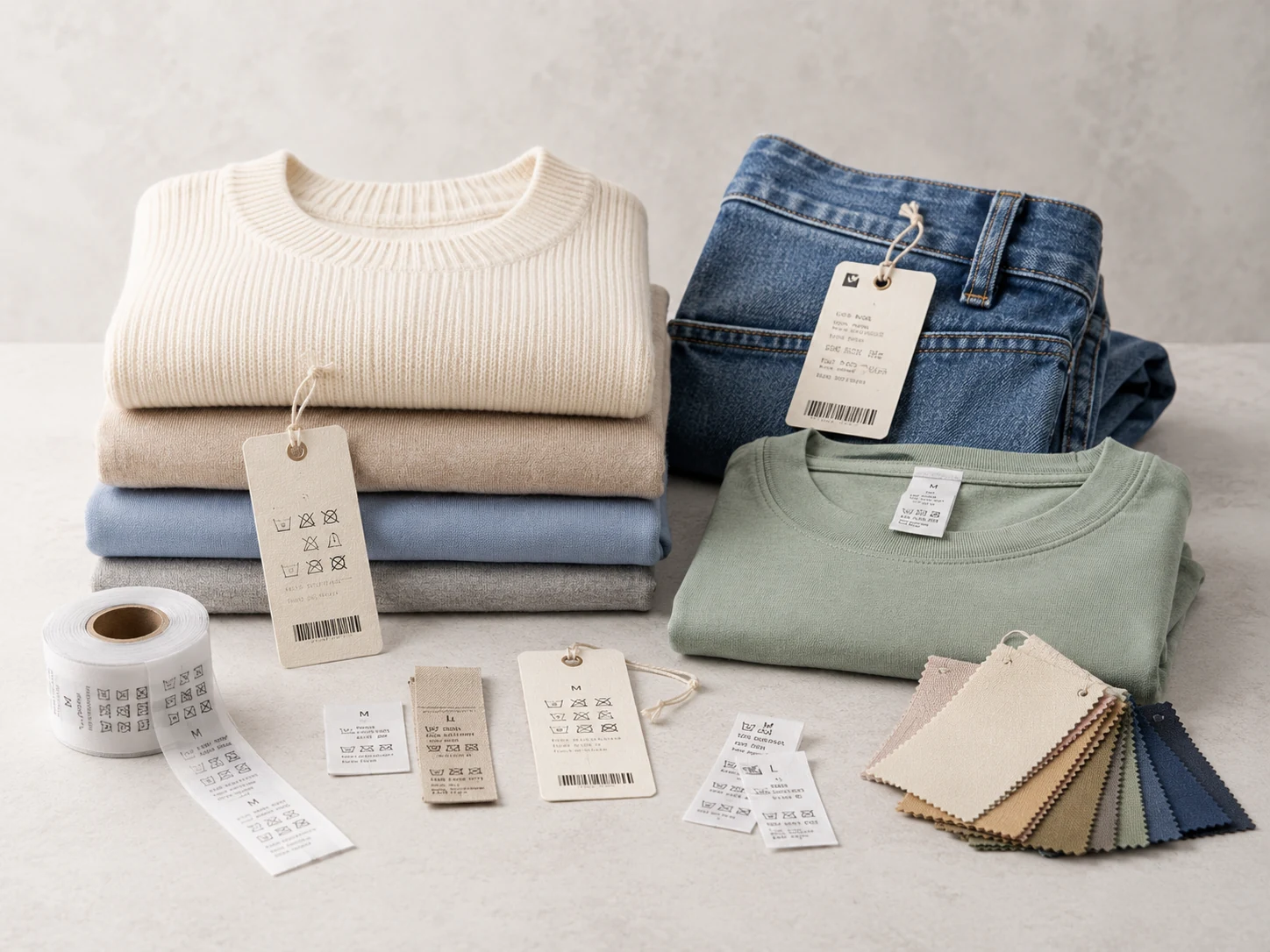 Prendas textiles con etiquetas de composición, talla y cuidado resistentes al uso