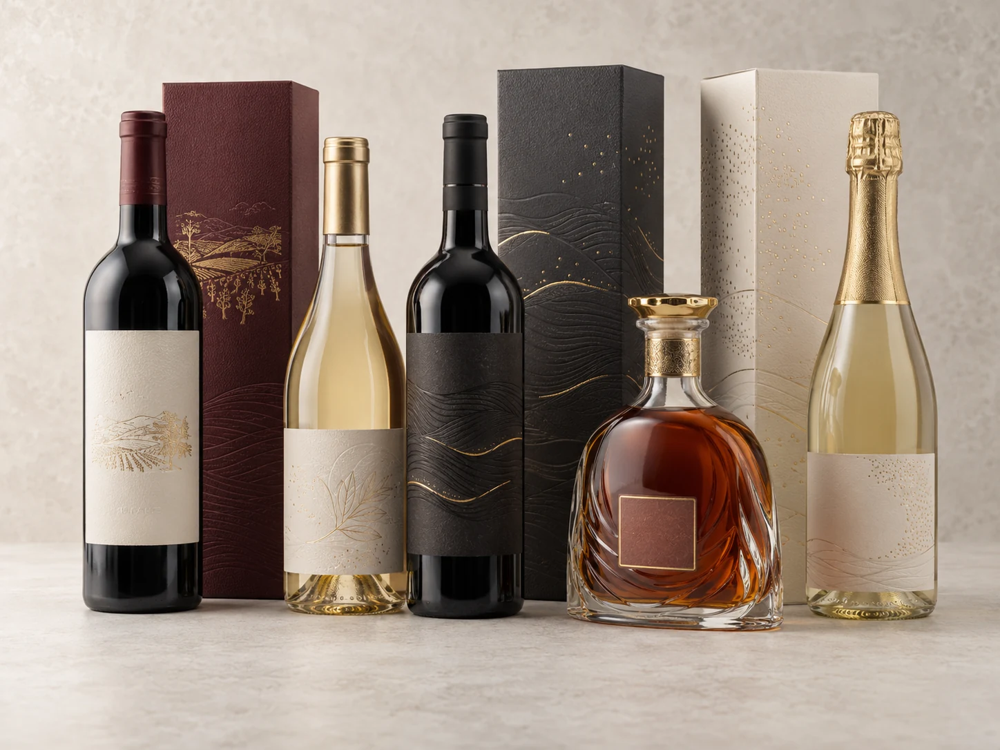 Botellas de vinos y licores con etiquetas premium para presentación de marca
