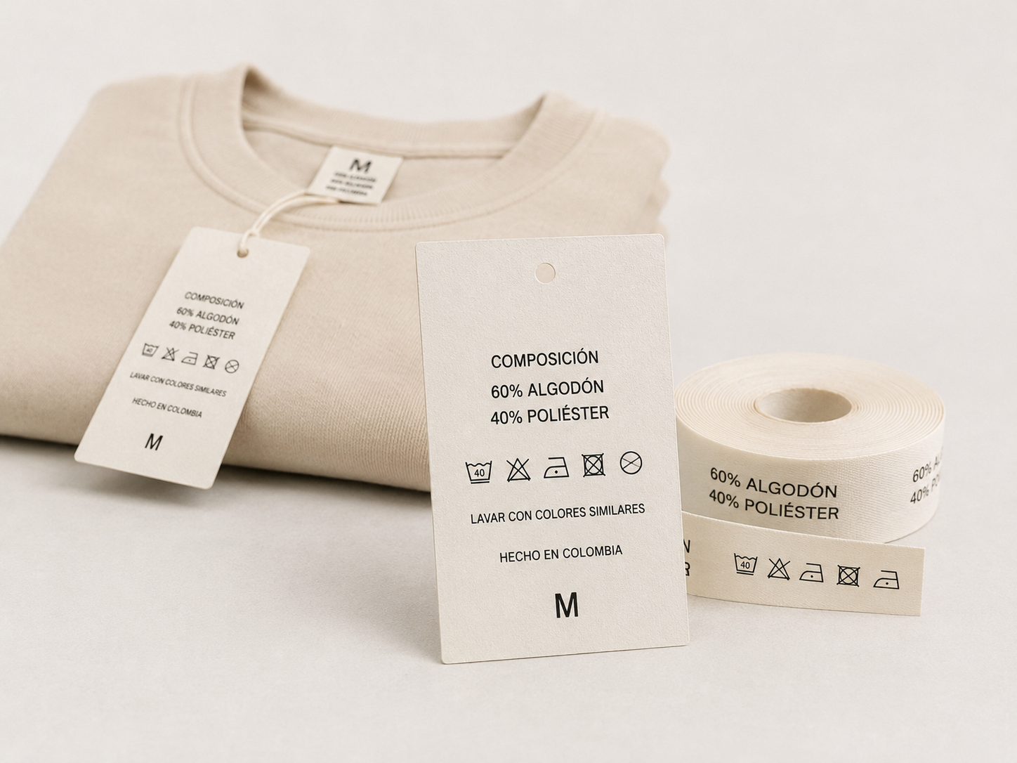 Etiquetas textiles para composición, talla, precio e inventario